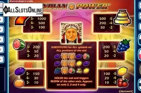 Paytable. Indian Power Deluxe from Novomatic