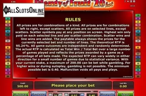 Paytable 2. Plenty of Fruit 20 Hot from Greentube