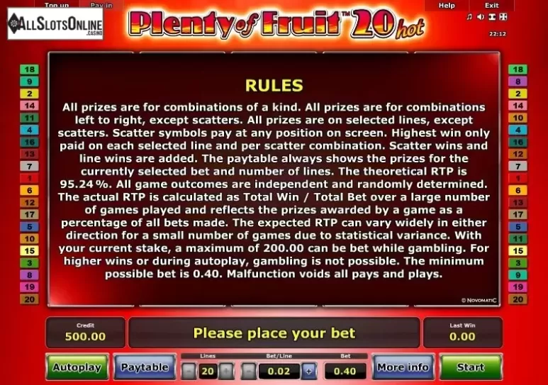 Paytable 2. Plenty of Fruit 20 Hot from Greentube
