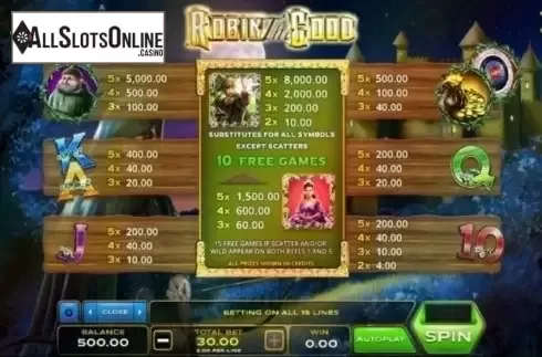 Paytable. Robin the Good from Xplosive Slots Group