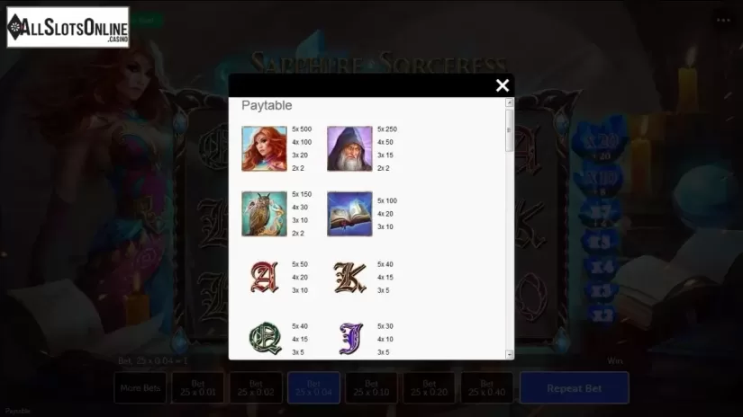 Paytable symbols. Sapphire Sorceress from Gamesys
