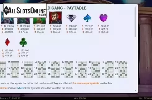 Paytable and paylines screen