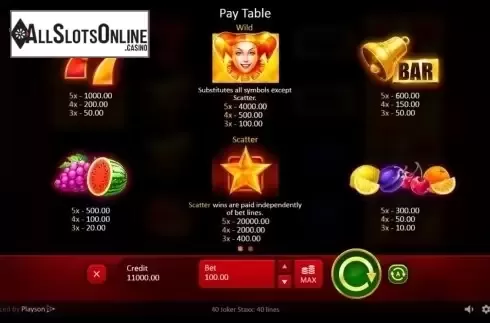 Paytable. 40 Joker Staxx: 40 lines from Playson
