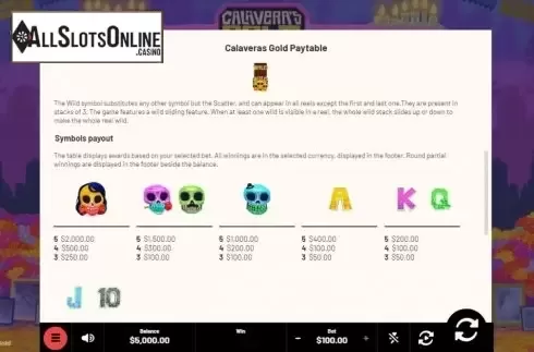Paytable 1. Calaveras Gold from Mighty Finger