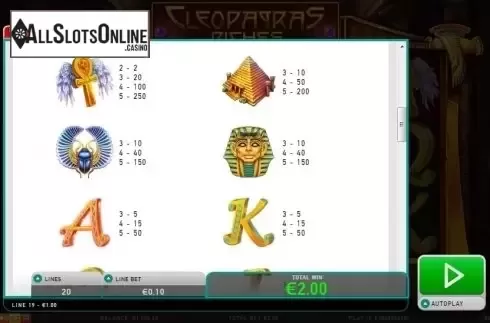 Paytable 2. Cleopatras Riches from Leander Games