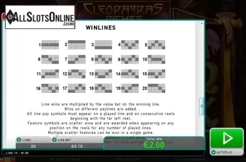 Paytable 5. Cleopatras Riches from Leander Games