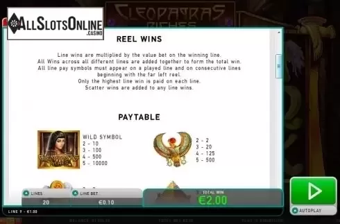 Paytable 1. Cleopatras Riches from Leander Games