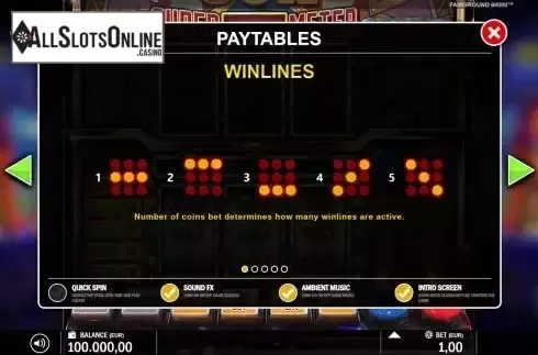 Paylines screen