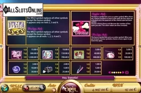 Paytable. Hey Sweetie from GAMING1