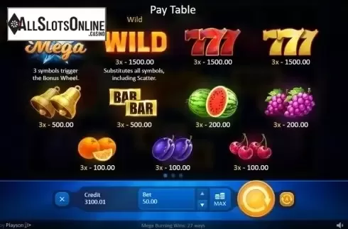 Paytable. Mega Burning Wins 27 ways from Playson