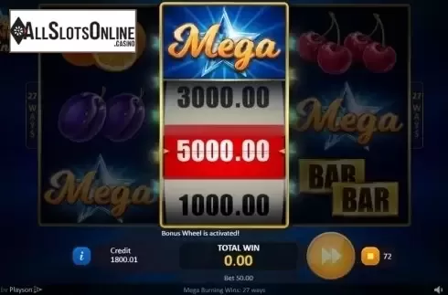 Bonus Wheel. Mega Burning Wins 27 ways from Playson