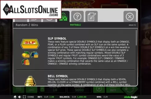 Paytable 1. Random 2 Wins from StakeLogic