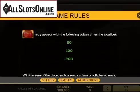 Paytable screen 3. Valley of Fortunes from High 5 Games