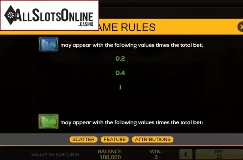 Paytable screen 2. Valley of Fortunes from High 5 Games