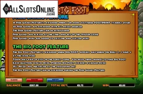 Paytable 3. Big Foot from NextGen