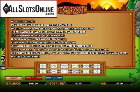 Paytable 4. Big Foot from NextGen