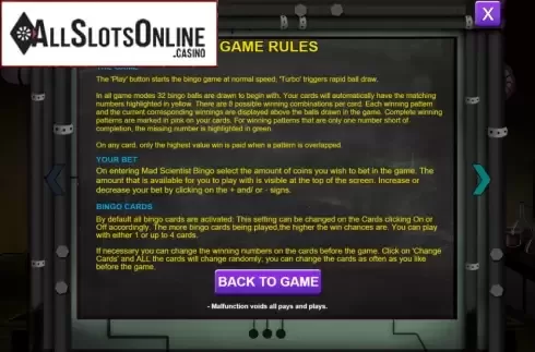 Rules. Bingo Mad Scientist from Caleta Gaming