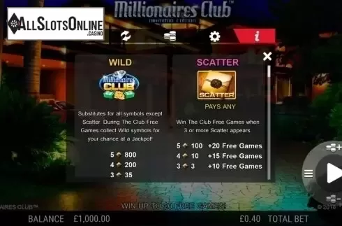 Paytable. Millionaires Club Diamond Edition from NextGen