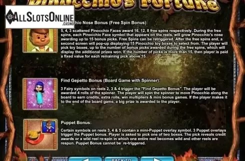 Paytable 2. Pinocchio's Fortune from 2by2 Gaming
