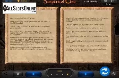 Paytable 4. Sceptre of Cleo from Oryx