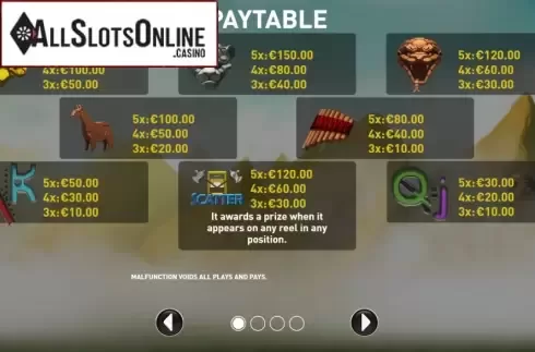 Paytable. Secret of Incas from R. Franco