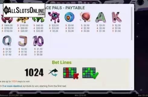 Paytable and paylines screen