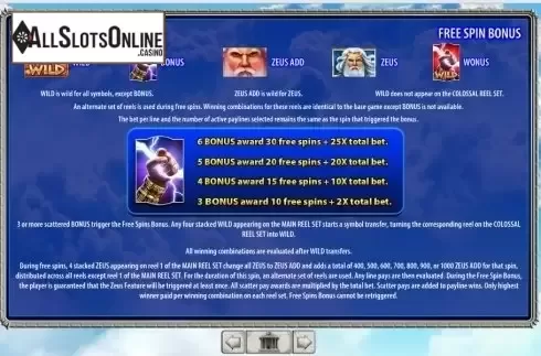 Paytable 3. Zeus 1000 from WMS
