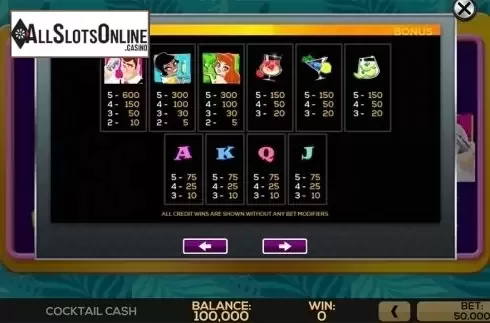 Paytable . Cocktail Cash from High 5 Games