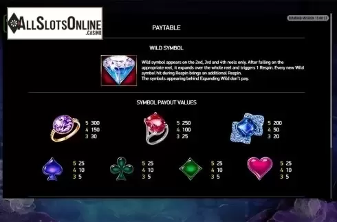 Paytable . Diamond Mission from Playreels