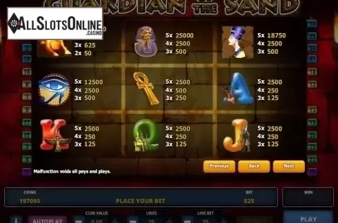 Paytable 1. Guardian of the Sand from Zeus Play