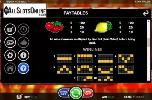 Paytable 3. Mega Hot Wild from Betsson Group