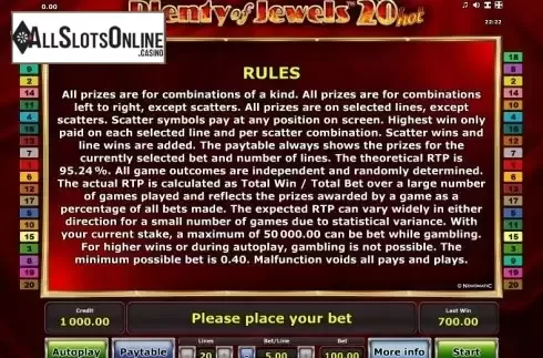 Paytable 2. Plenty of Jewels 20 Hot from Greentube
