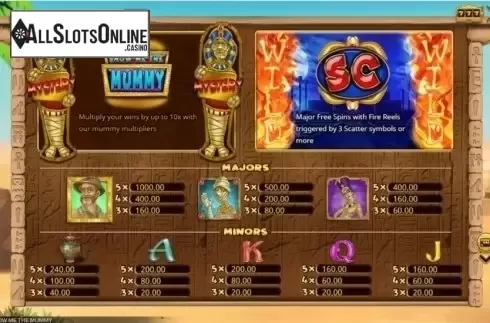 Paytable. Show Me the Mummy from Booming Games