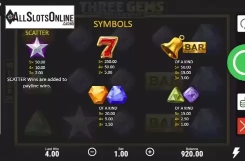 Paytable. Three Gems from Booongo