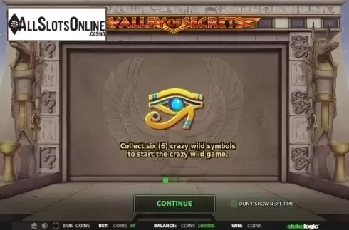 Start Screen. Valley of Secrets from StakeLogic