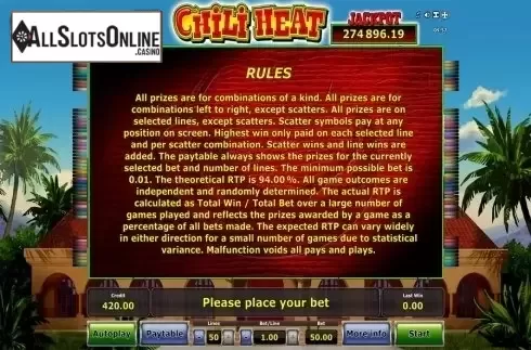 Paytable 4. Chili Heat (Green Tube) from Greentube
