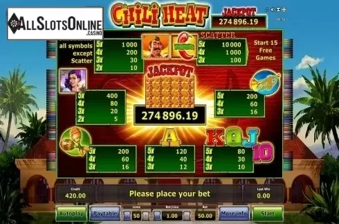 Paytable . Chili Heat (Green Tube) from Greentube