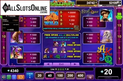 Paytable. Circus Brilliant Egypt Quest from EGT