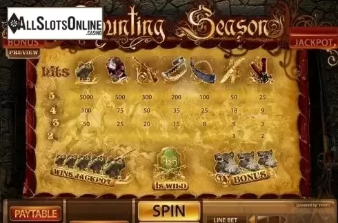 Paytable. Hunting Season from XIN Gaming