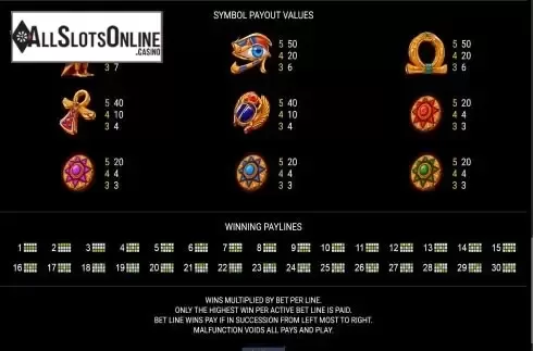 Paytable and paylines screen