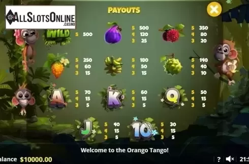 Paytable 2. Orango Tango from Lady Luck Games