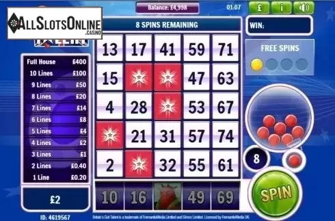 Reel screen. Slingo Britain’s Got Talent from Slingo Originals