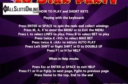 Paytable 5. 20 Star Party from Casino Technology