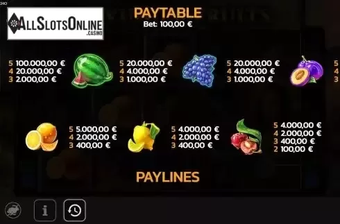Paytable screen