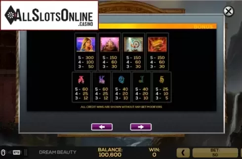 Pay Tables. Dream Beauty from High 5 Games