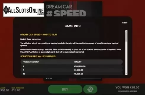 Info 1. Dream Car Speed from Hacksaw Gaming