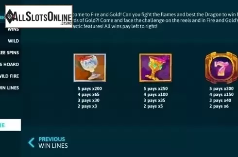 Paytable 1. Fire and Gold from Slot Factory