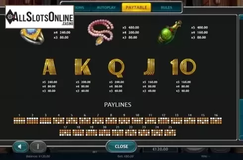 Paylines screen