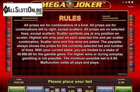 Paytable 2. Mega Joker (Novomatic) from Greentube