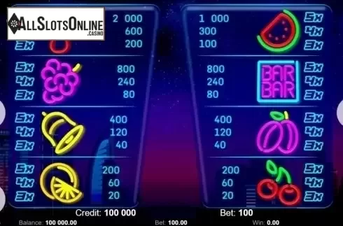 Paytable. Neon Fruits (Kajot Games) from KAJOT